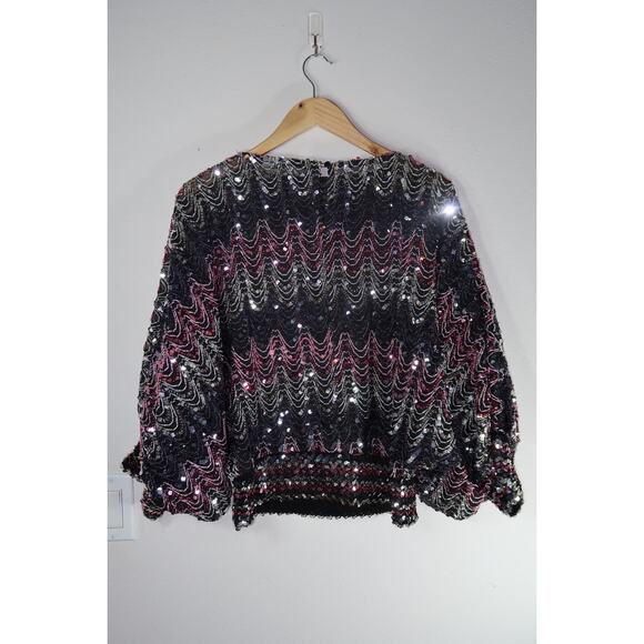 Unique 80s Vintage Studio 54 Black Purple Sequin Zigzag Batwing Disco Large - Picture 8 of 8